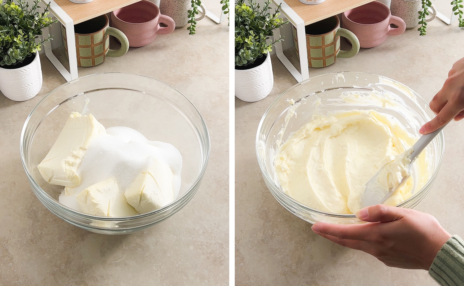 Left to right: cream cheese bricks and sugar in a bowl, smearing cream cheese in a bowl with spatula.
