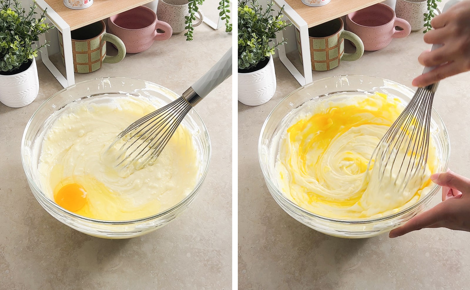 Left to right: cracked egg in bowl of batter, whisking egg into cheesecake batter in a bowl.