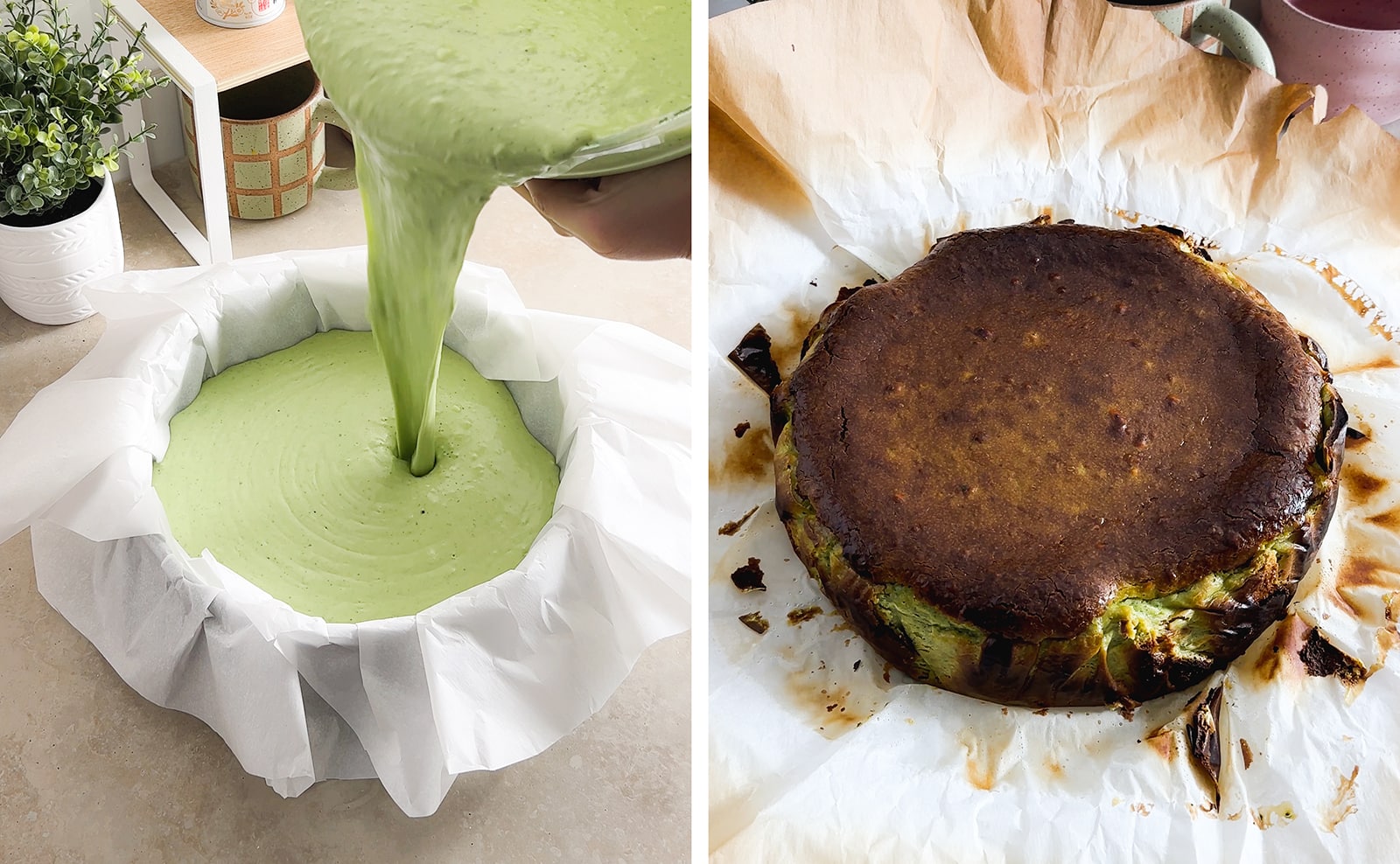 Left to right: pouring matcha cheesecake batter into lined pan, burnt cheesecake after baking in a pan.
