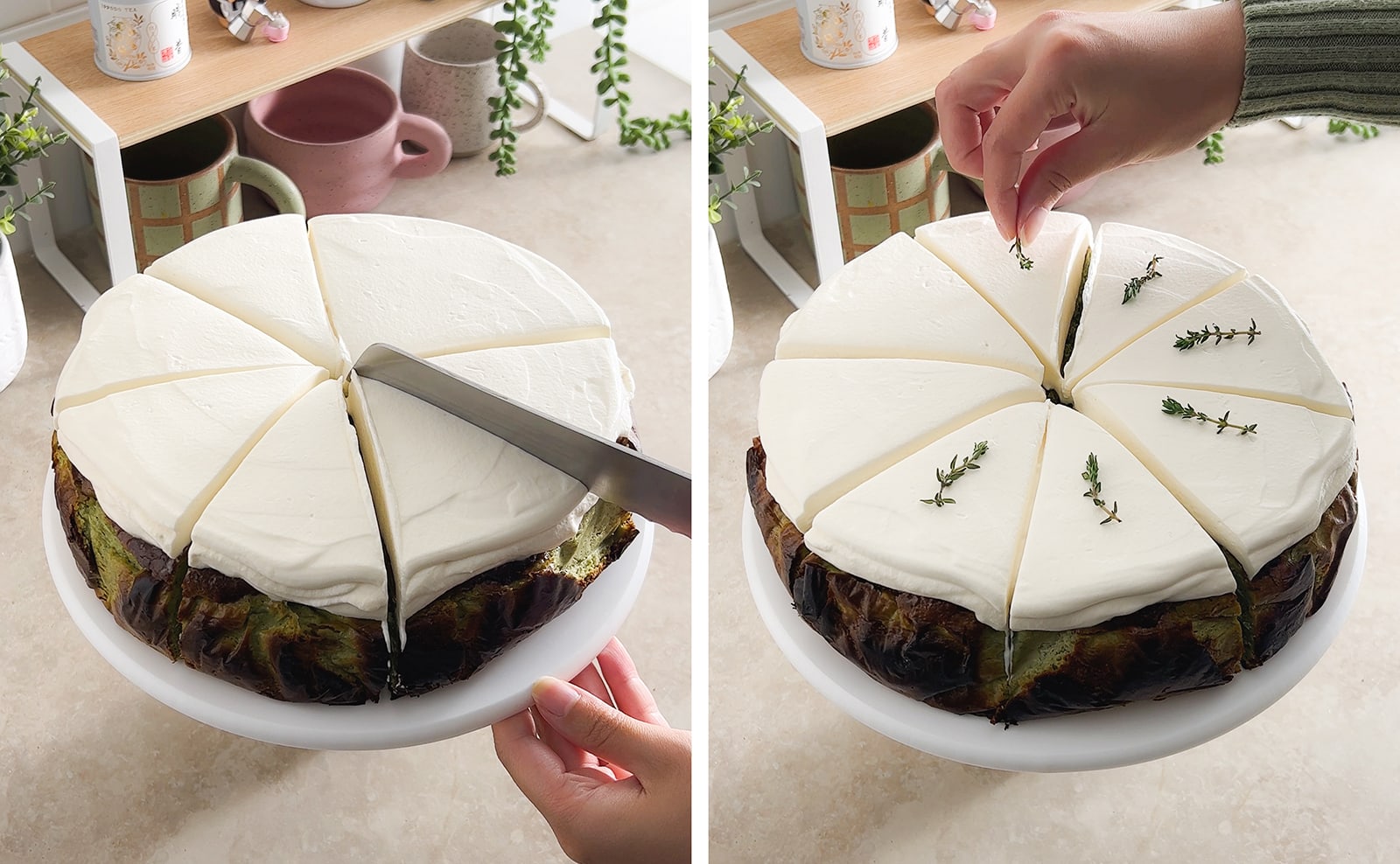 Left to right: knife cutting cheesecake into slices, hand placing thyme sprig on top of cheesecake slices.