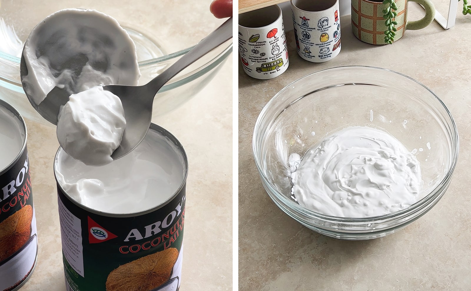 Left to right: scooping thick coconut cream out of a can with a spoon, coconut cream in a bowl.