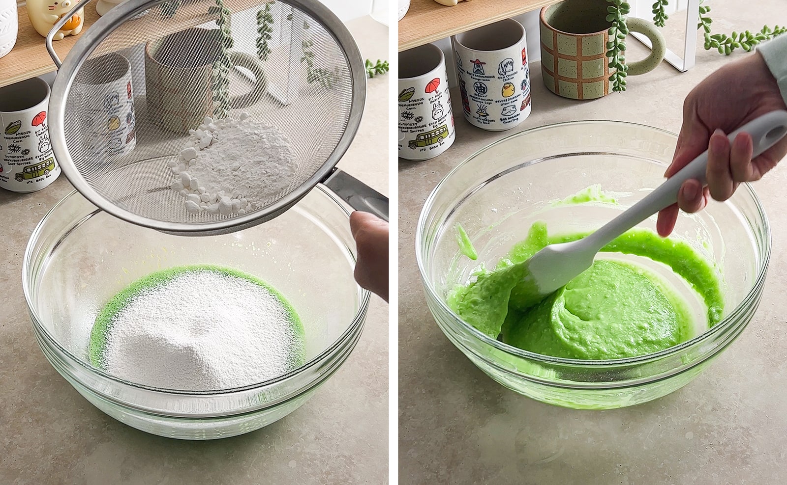 Left to right: sifting flour into cake batter from a sieve, hand folding cake batter together with a spatula.