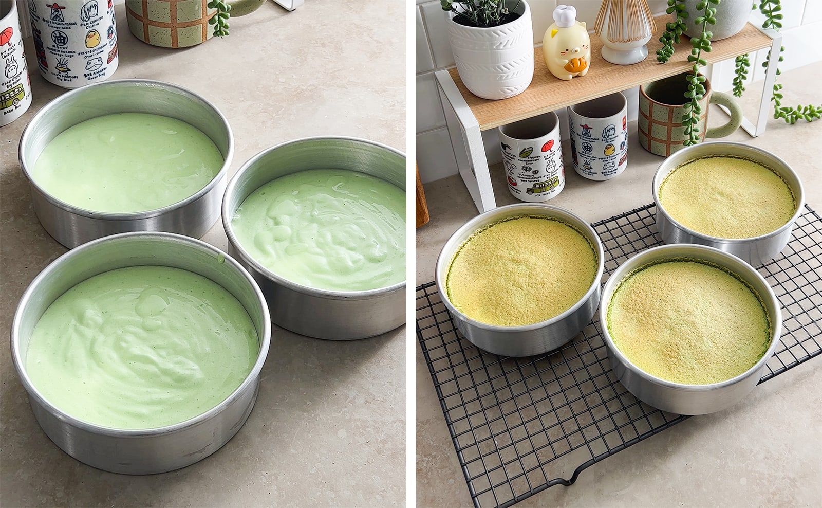 Left to right: pandan cake batter in three cake pans, three cakes on wire rack after baking.