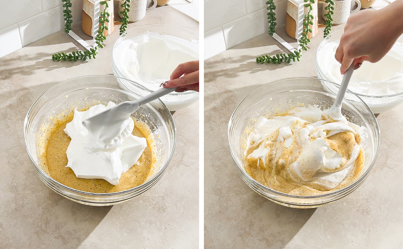 Left to right: dropping meringue from a spatula into bowl of batter, folding meringue and batter together with spatula.