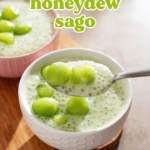 A spoonful of honeydew sago and two melon balls held above a bowl.
