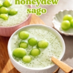 Two bowls of honeydew sago pudding with honeydew melon balls on top.