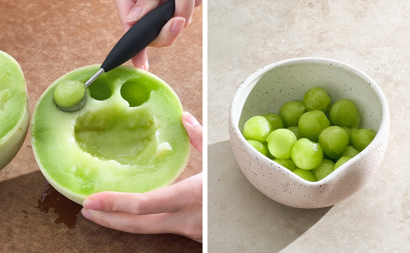Left to right: scooping out melon balls from a honeydew, a bowl of honeydew balls.