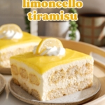 A slice of lemon curd tiramisu on a plate showing the layers inside.