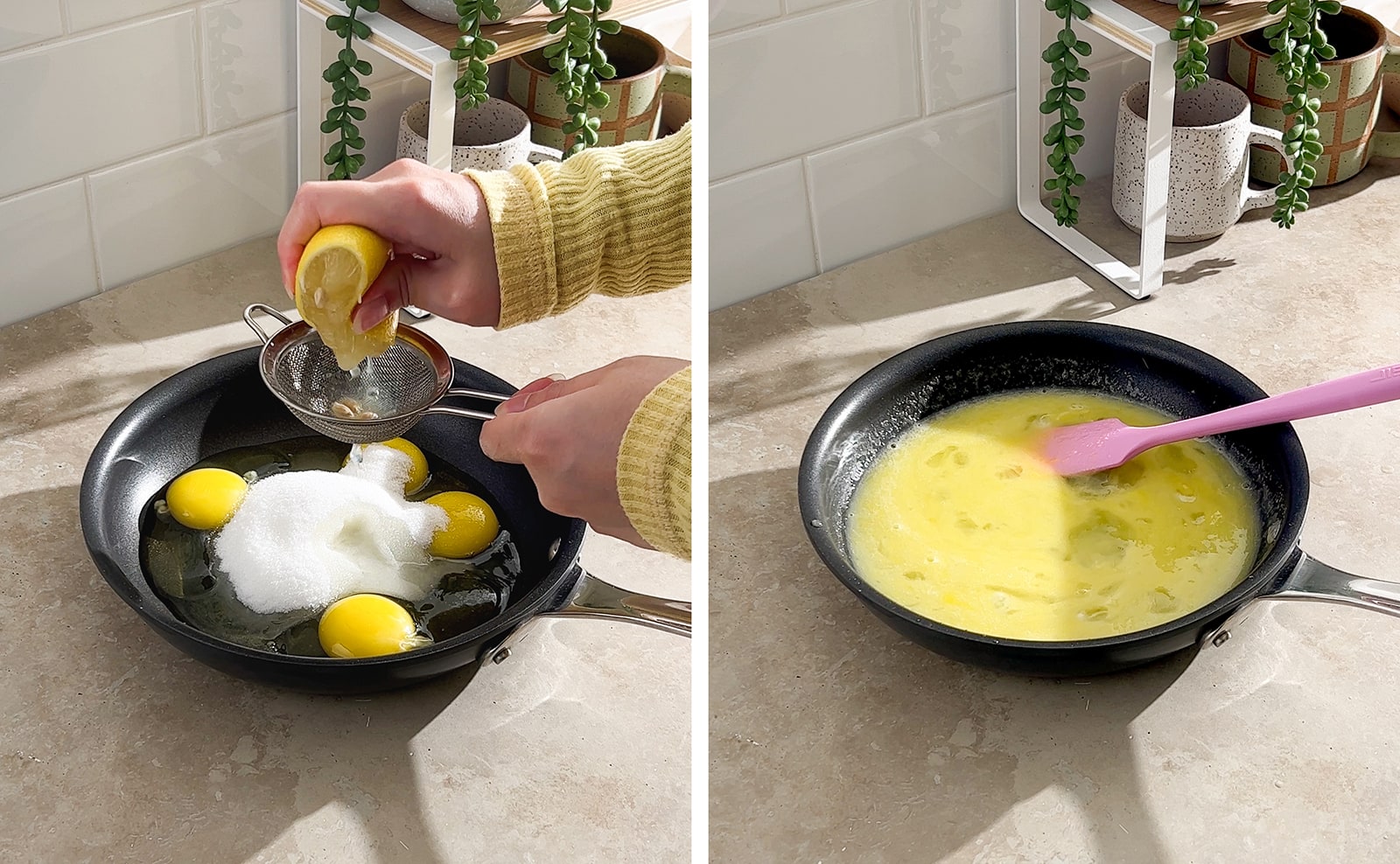 Left to right: squeezing lemon juice into a pan of ingredients, ingredients for lemon curd mixed in a pan.