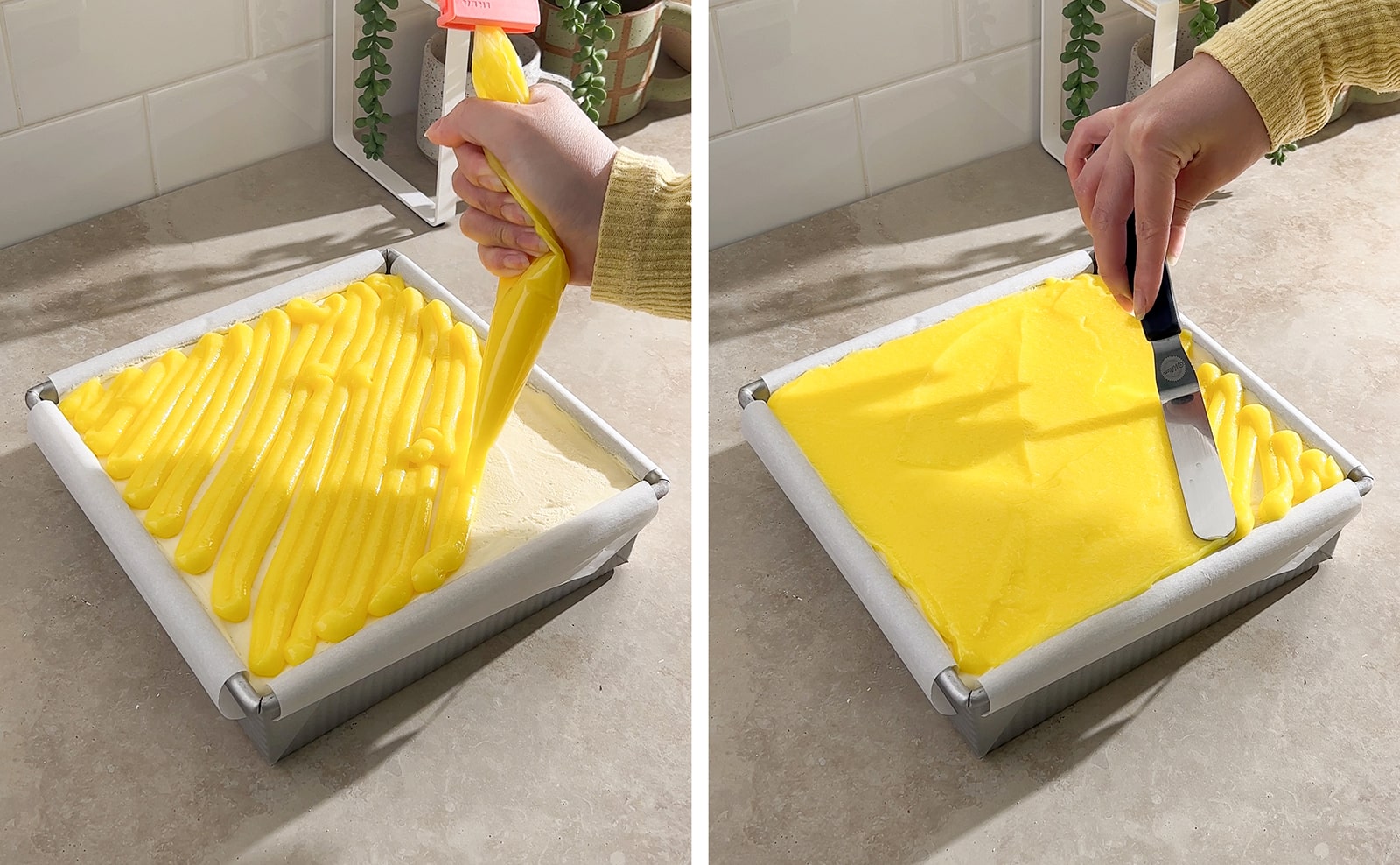 Left to right: piping lemon curd across top of tiramisu, smoothing out lemon curd layer with an offset spatula.