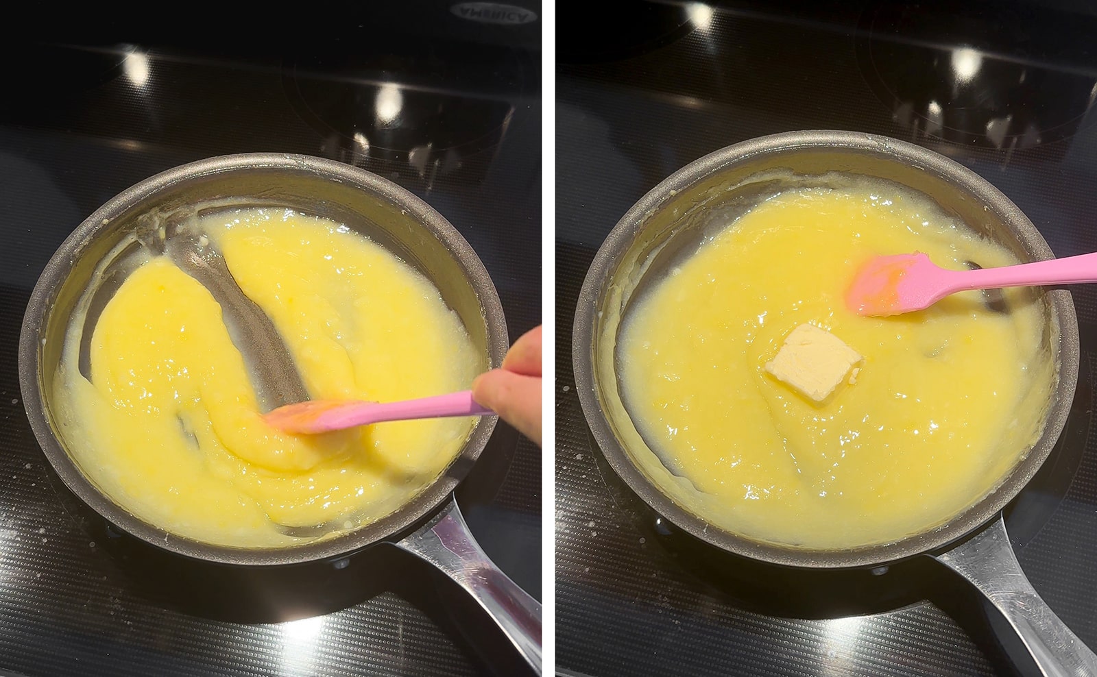 Left to right: scraping a spatula through lemon curd in a pan, a cube of butter sitting on top of lemon curd in a pan.