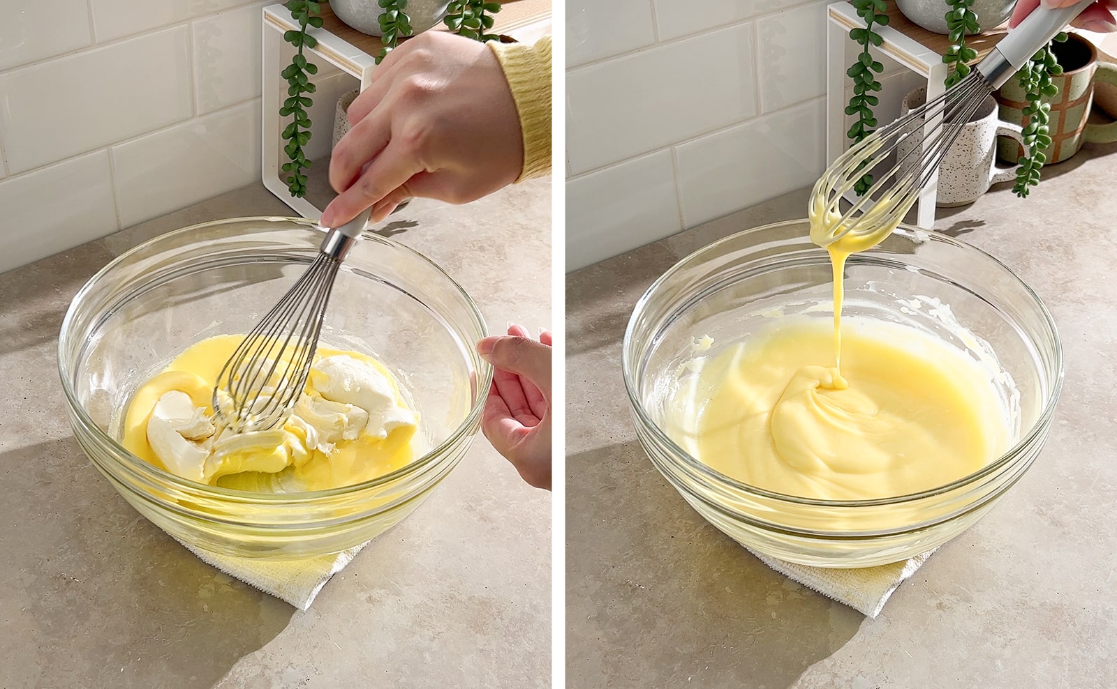 Left to right: whisking mascarpone cheese into warm egg mixture in bowl, egg mixture dripping off whisk into mixing bowl.