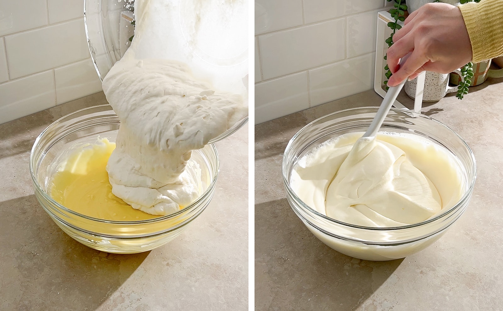 Left to right: pouring whipped cream into bowl of mascarpone mixture, hand folding mascarpone cream with a spatula.