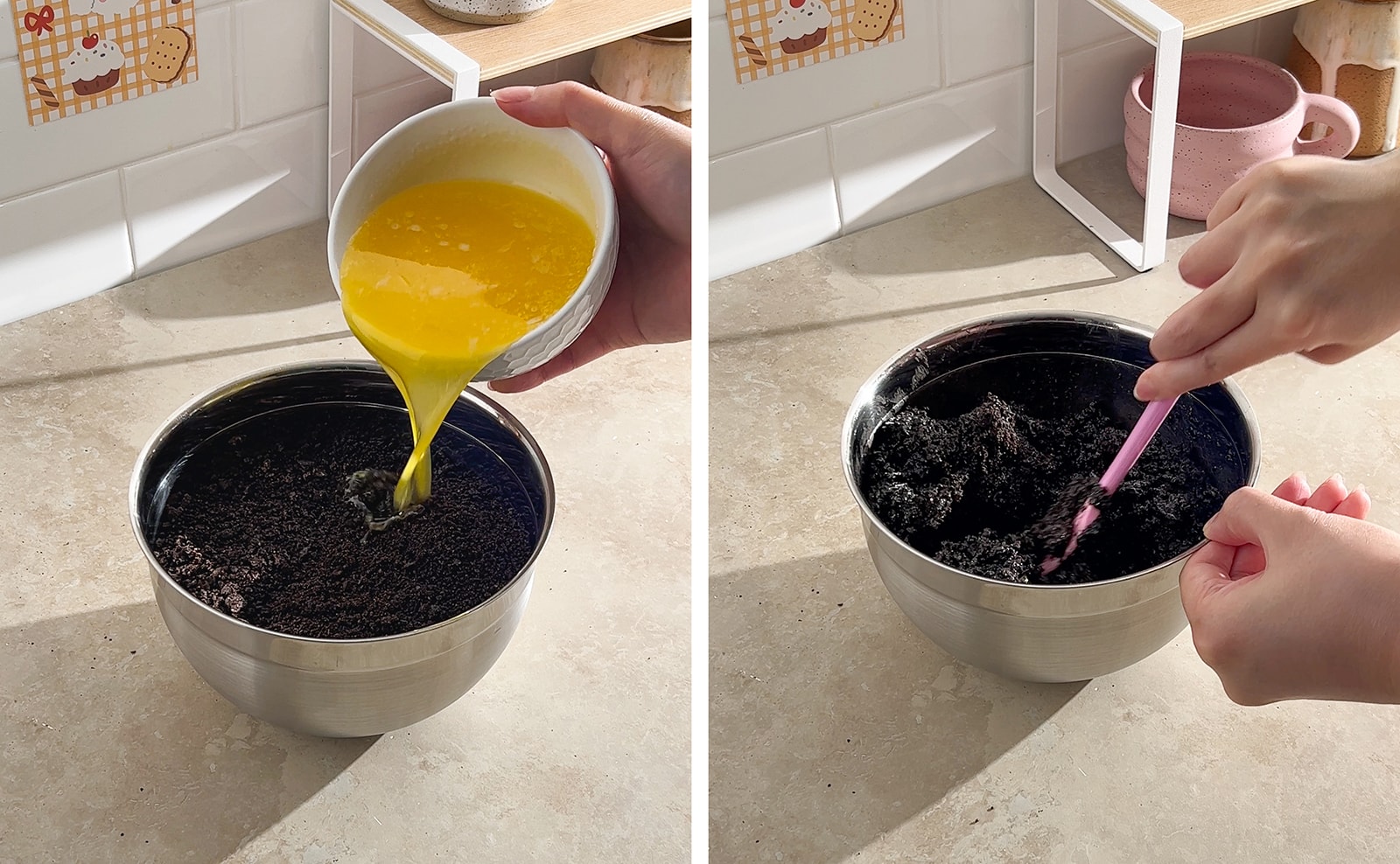 Left to right: pouring melted butter into bowl of oreo crumbs, hand mixing oreo crust mixture with a spatula.