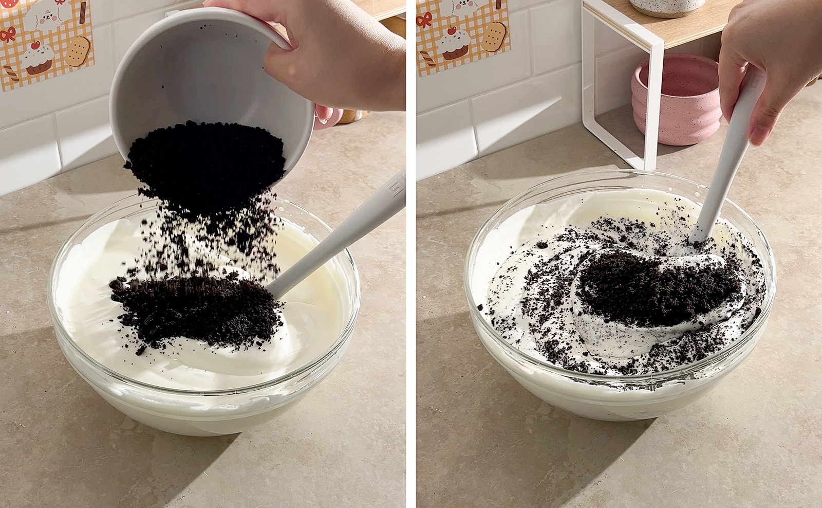 Left to right: pouring oreo crumbs into whipped cream from a small bowl, folding oreo crumbs into whipped cream with a spatula.