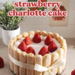 A strawberry charlotte cake wrapped in a ribbon on a counter.