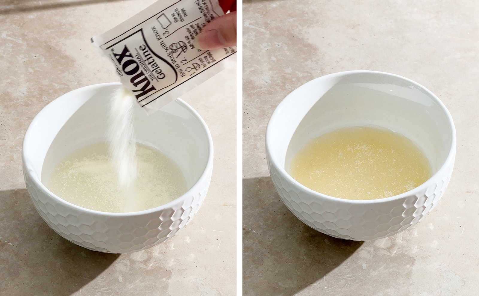 Left to right: sprinkling a packet of gelatin powder into bowl of water, bowl of bloomed gelatin.