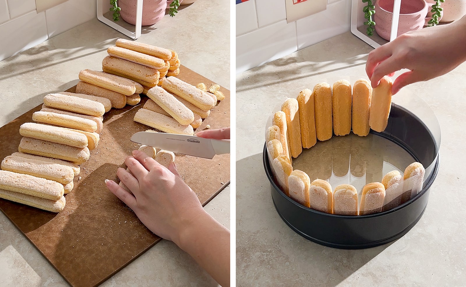Left to right: hands cuting ladyfingers with knife, hand placing ladyfingers around the sides of a pan.