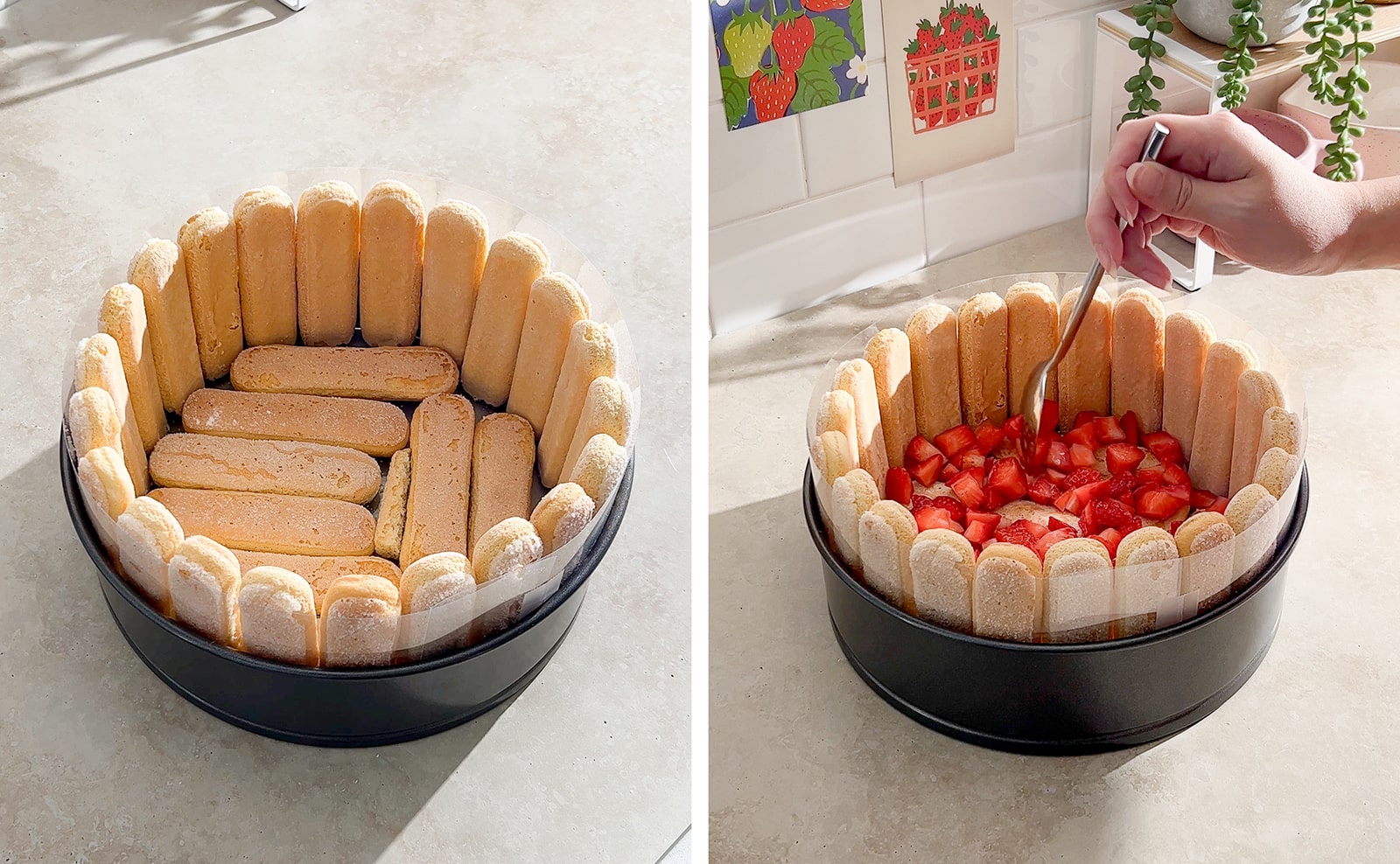 Left to right: ladyfingers arranged around the sides and bottom of a pan, arranging a layer of diced strawberries at the bottom of a pan.