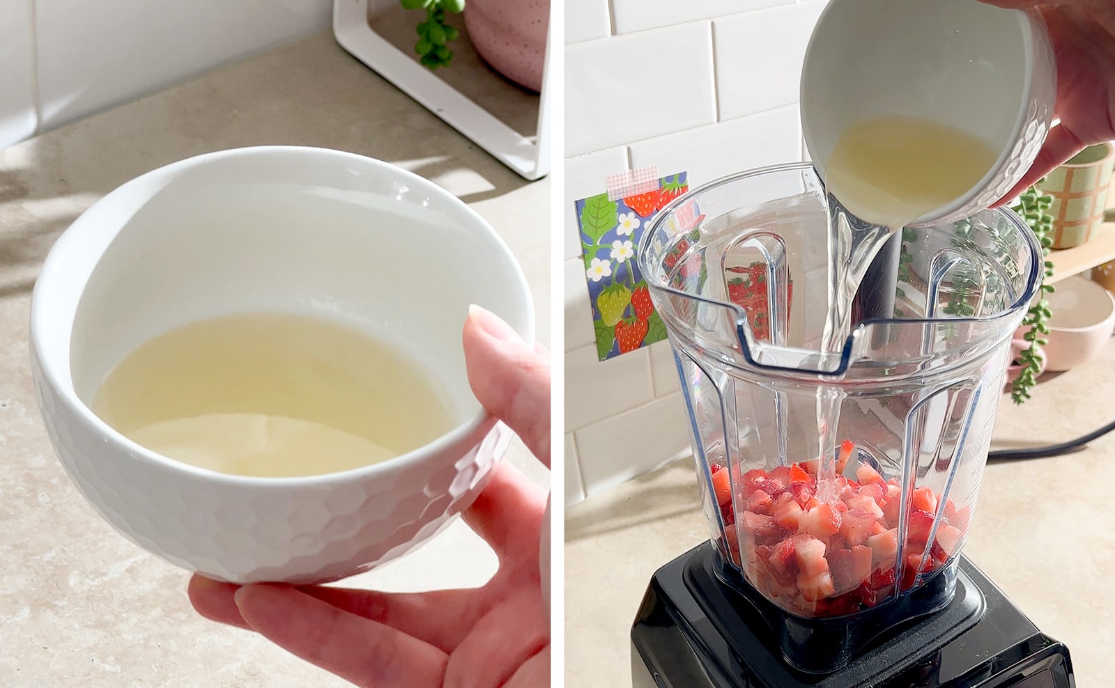 Left to right: hand holding bowl of dissolved gelatin, pouring liquid gelatin into blender filled with diced strawberries.