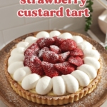 Strawberry custard tart topped with dollops of whipped cream and layers of strawberries on a wooden plate.