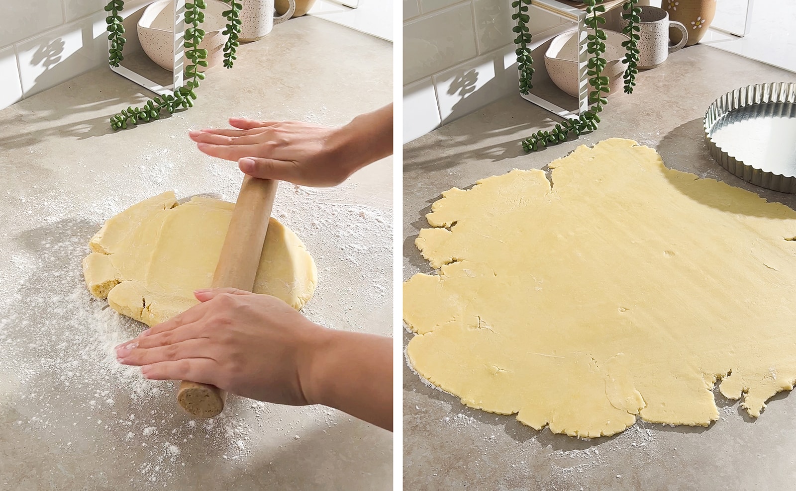 Left to right: hands rolling dough out with rolling pin, rolled out tart dough on counter.