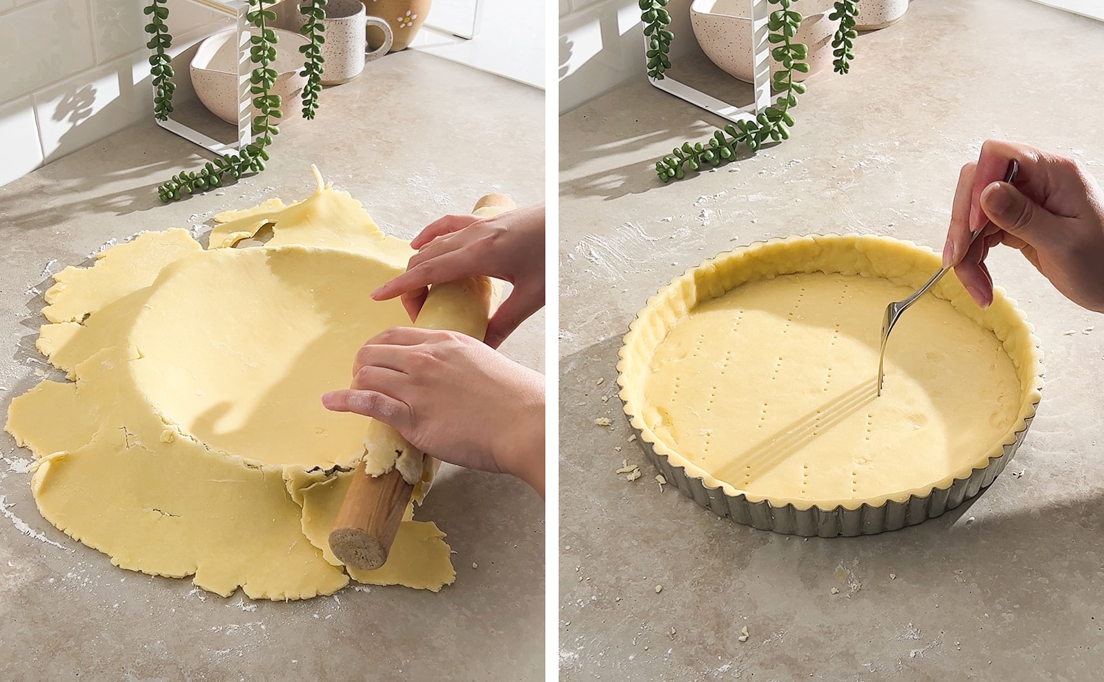Left to right: laying tart dough into tart pan, docking tart shell with a fork.