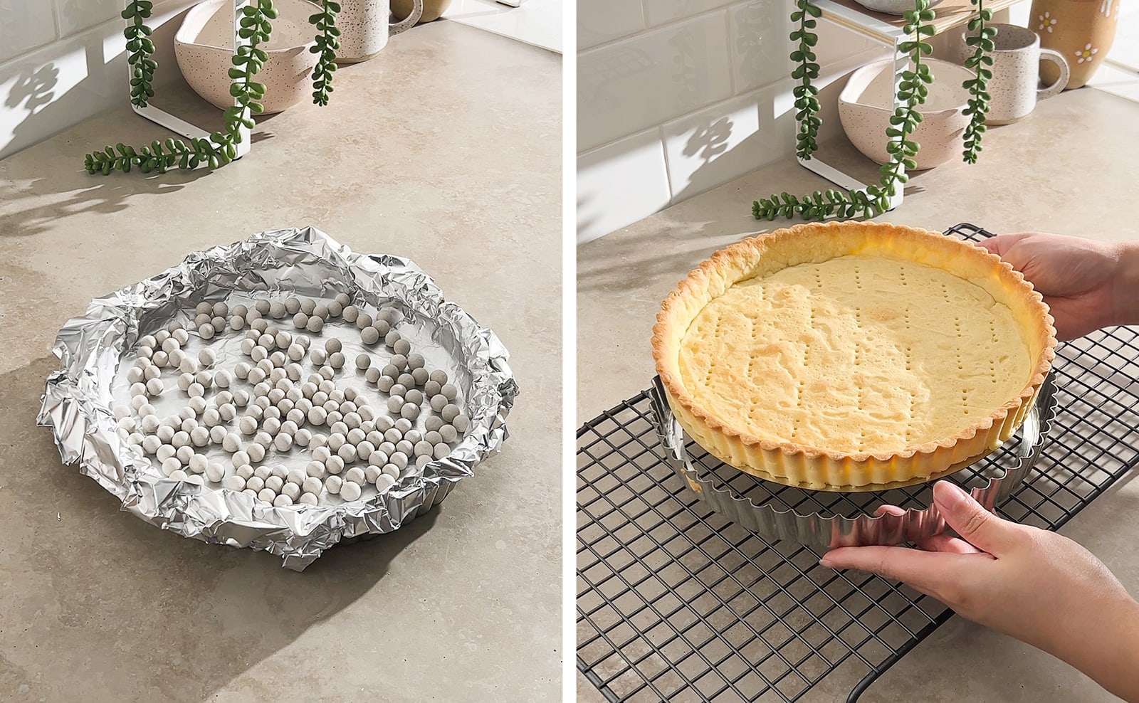 Left to right: pie weights on top of a sheet of foil, hands releasing baked tart shell from the tart pan.