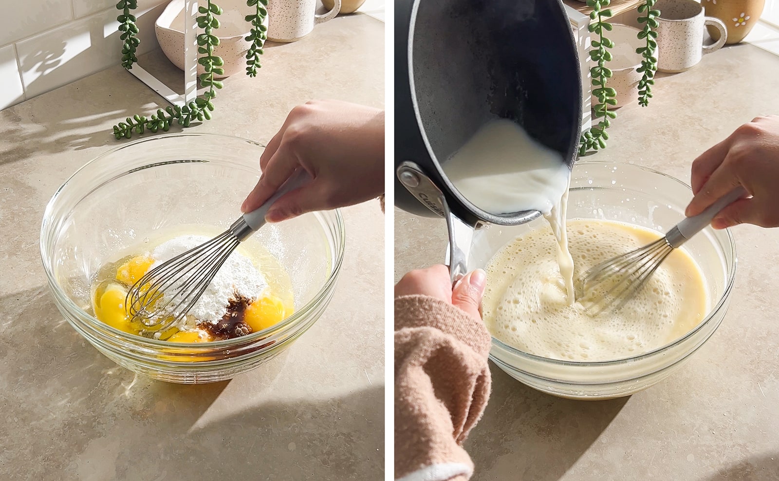 Left to right: whisking egg yolks and ingredients in bowl, pouring hot milk into egg yolk mixture while whisking.