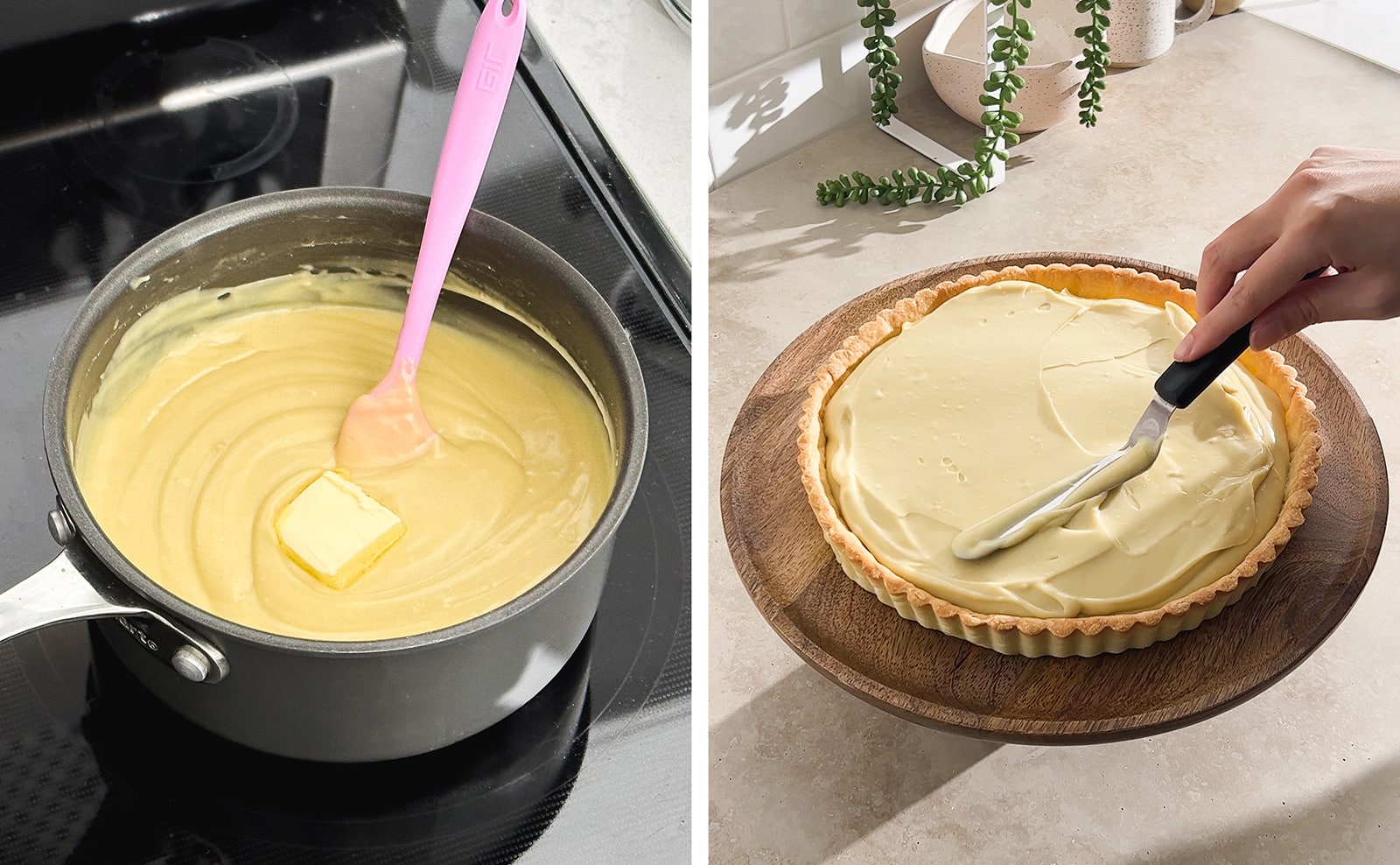 Left to right: custard and a cube of butter in a pot, spreading custard into tart shell with an offset spatula.