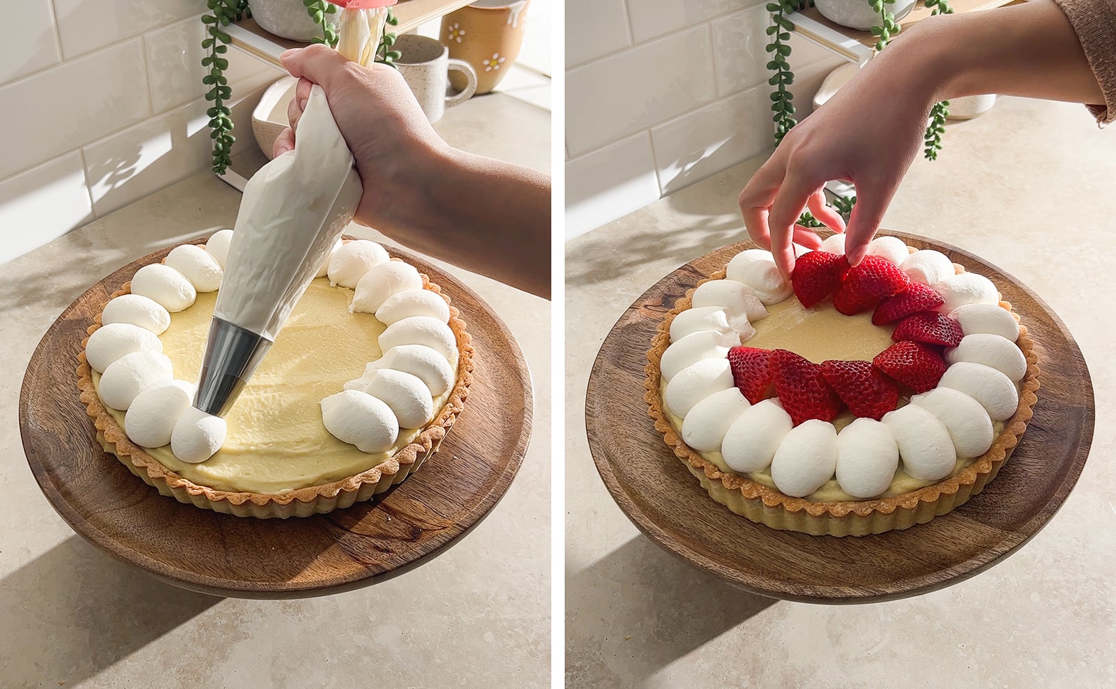 Left to right: piping dollops of whipped cream on top of tart, hand placing strawberries on top of tart.