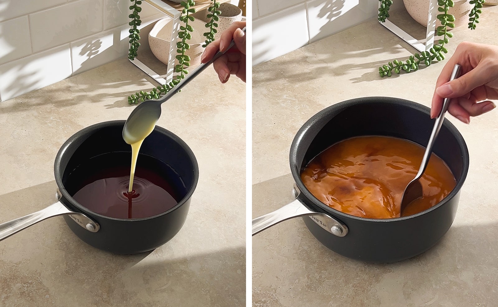 Left to right: adding condensed milk into Thai tea from spoon, hand stirring Thai tea with spoon.