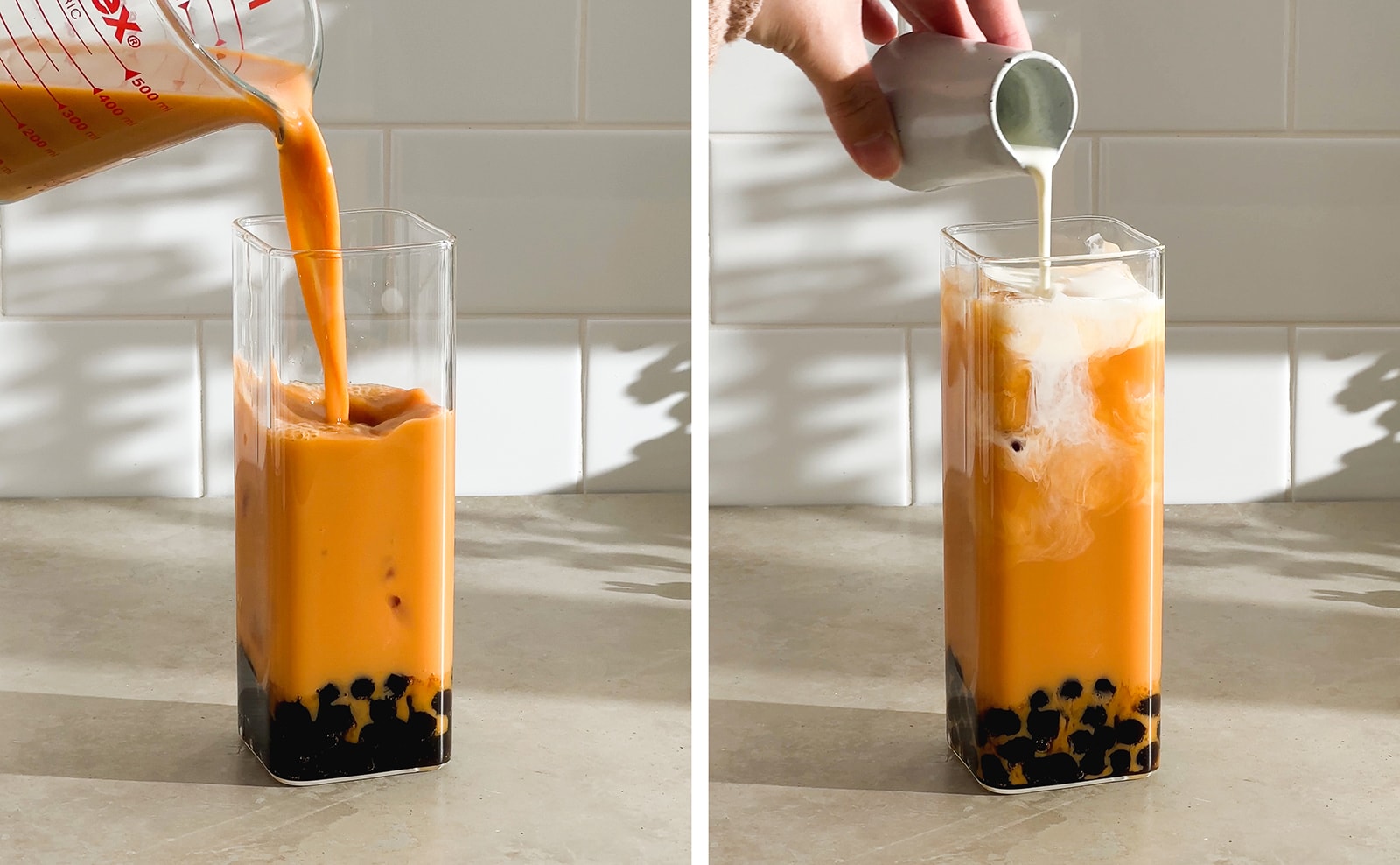 Left to right: pouring Thai milk tea into glass filled with boba pearls, pouring cream on top of Thai milk tea in glass.