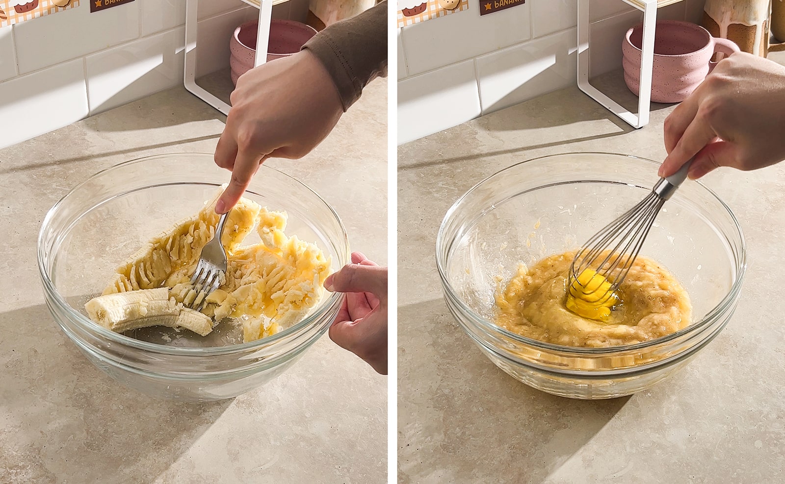 Left to right: mashing bananas with a fork in a bowl, whisking egg into mashed bananas.