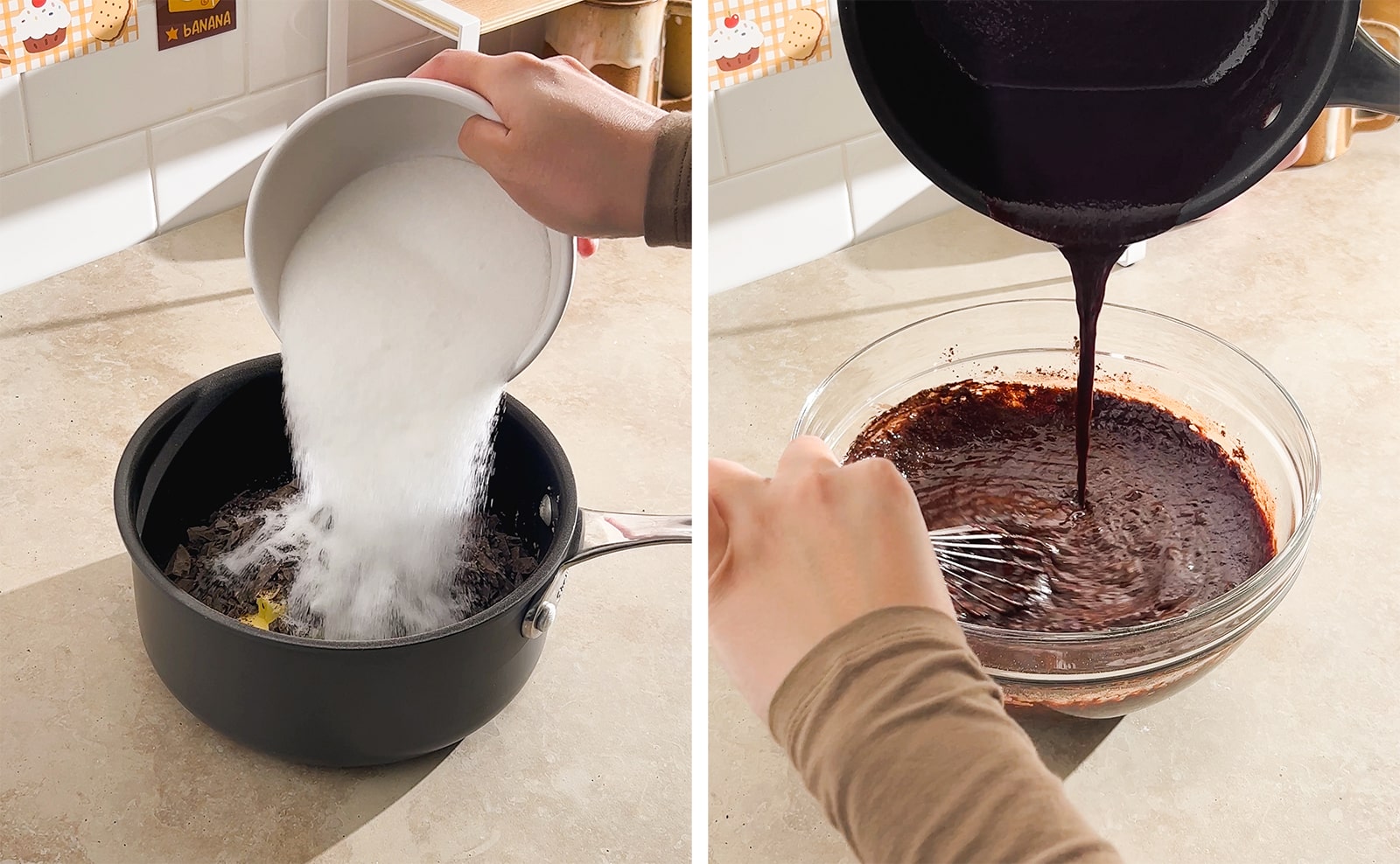 Left to right: pouring sugar into pot, pouring melted chocolate mixture into bowl of brownie batter.