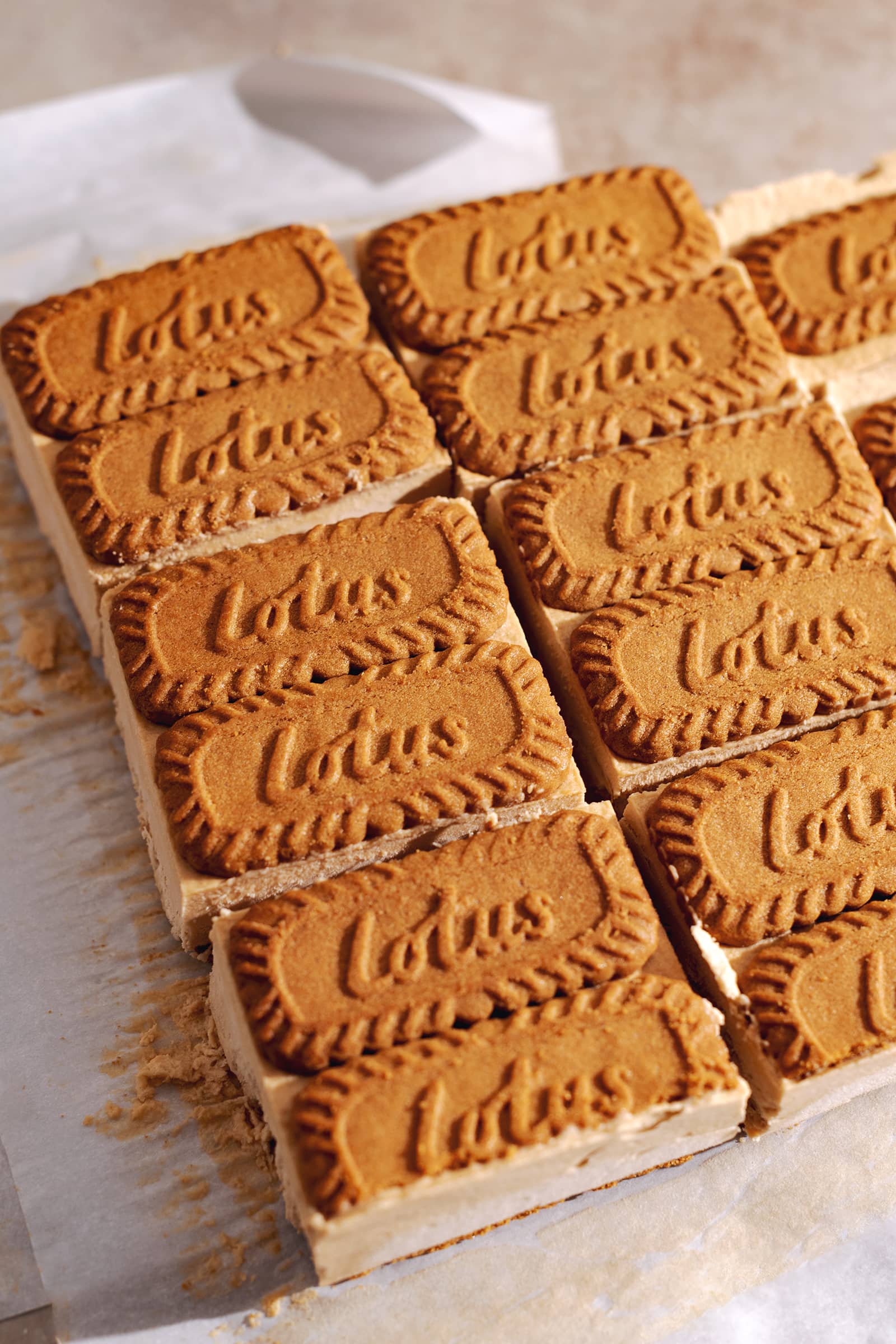 Ice cream sandwiches with a layer of Lotus biscoff cookies on top.