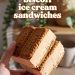 Hand holding two biscoff ice cream sandwiches.