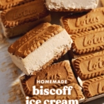 Biscoff ice cream sandwich tilted on its side resting on other sandwiches.