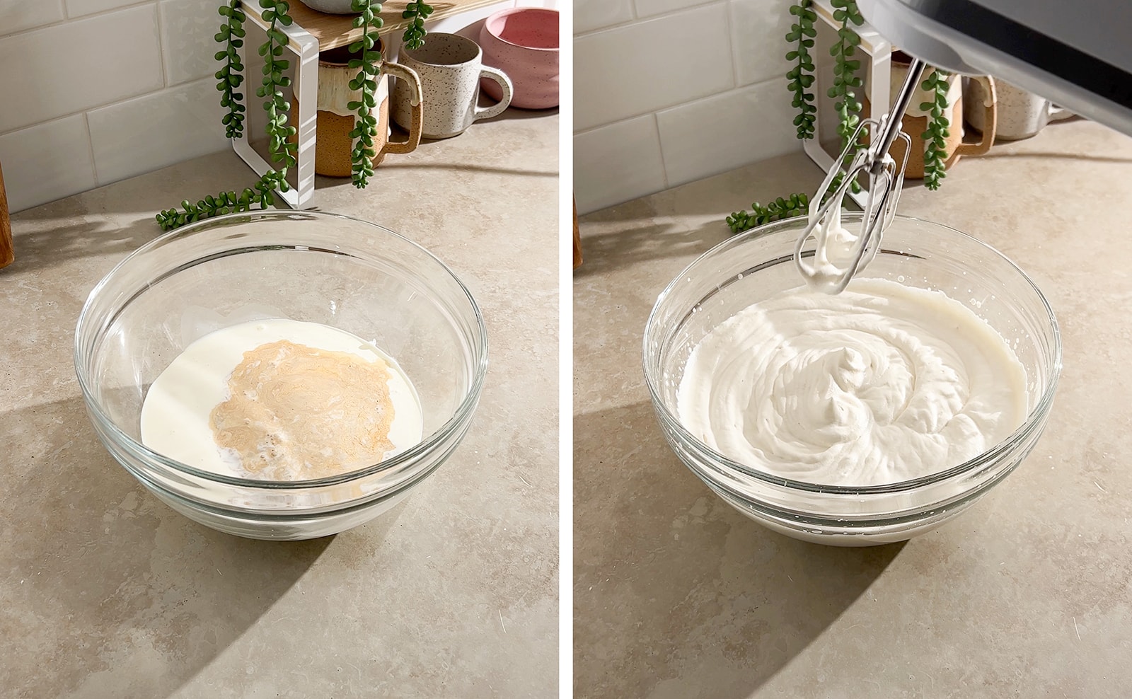 Left to right: mixing bowl full of whipping cream and vanilla, whipped cream in a bowl with hand mixer being lifted out of it.