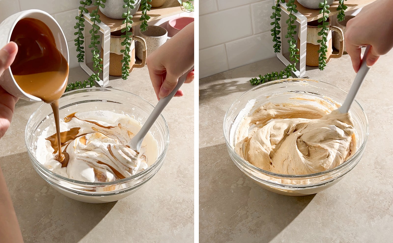 Left to right: pouring biscoff spread into bowl of whipped cream while folding with spatula in the other hand, folding biscoff cream in bowl.