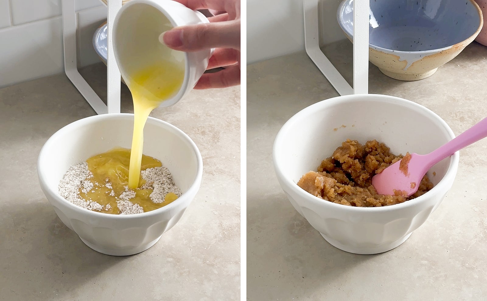 Left to right: pouring melted butter into bowl of flour and sugar, mixed crumble topping in a bowl.