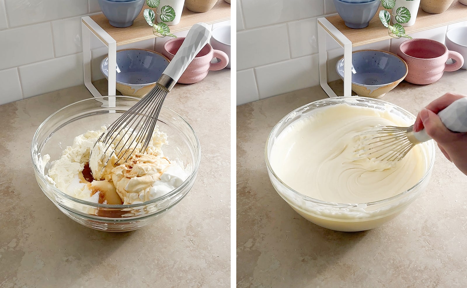 Left to right: whisk in a bowl of ingredients, whisking cream cheese batter in a bowl.