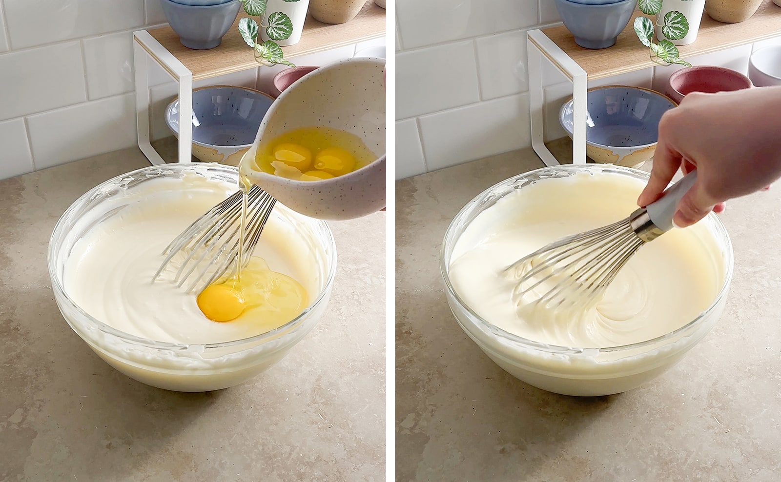 Left to right: adding an egg into bowl of batter, whisking cheesecake batter in a bowl.