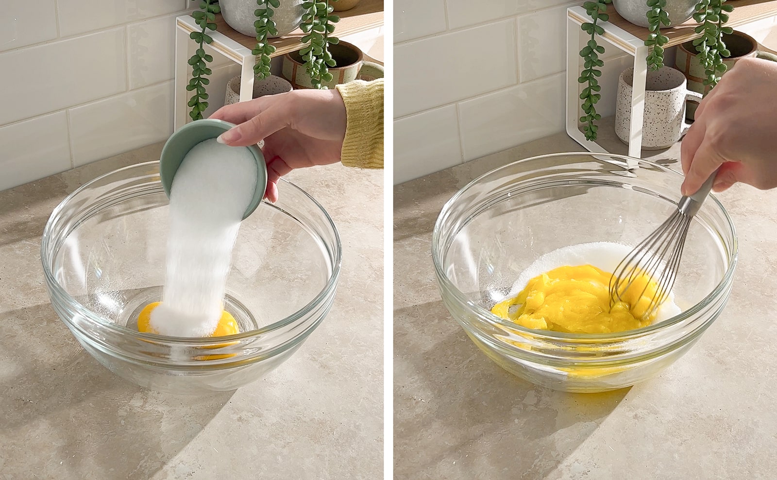 Left to right: pouring sugar into bowl of egg yolks, whisking egg yolks and sugar together in a bowl.