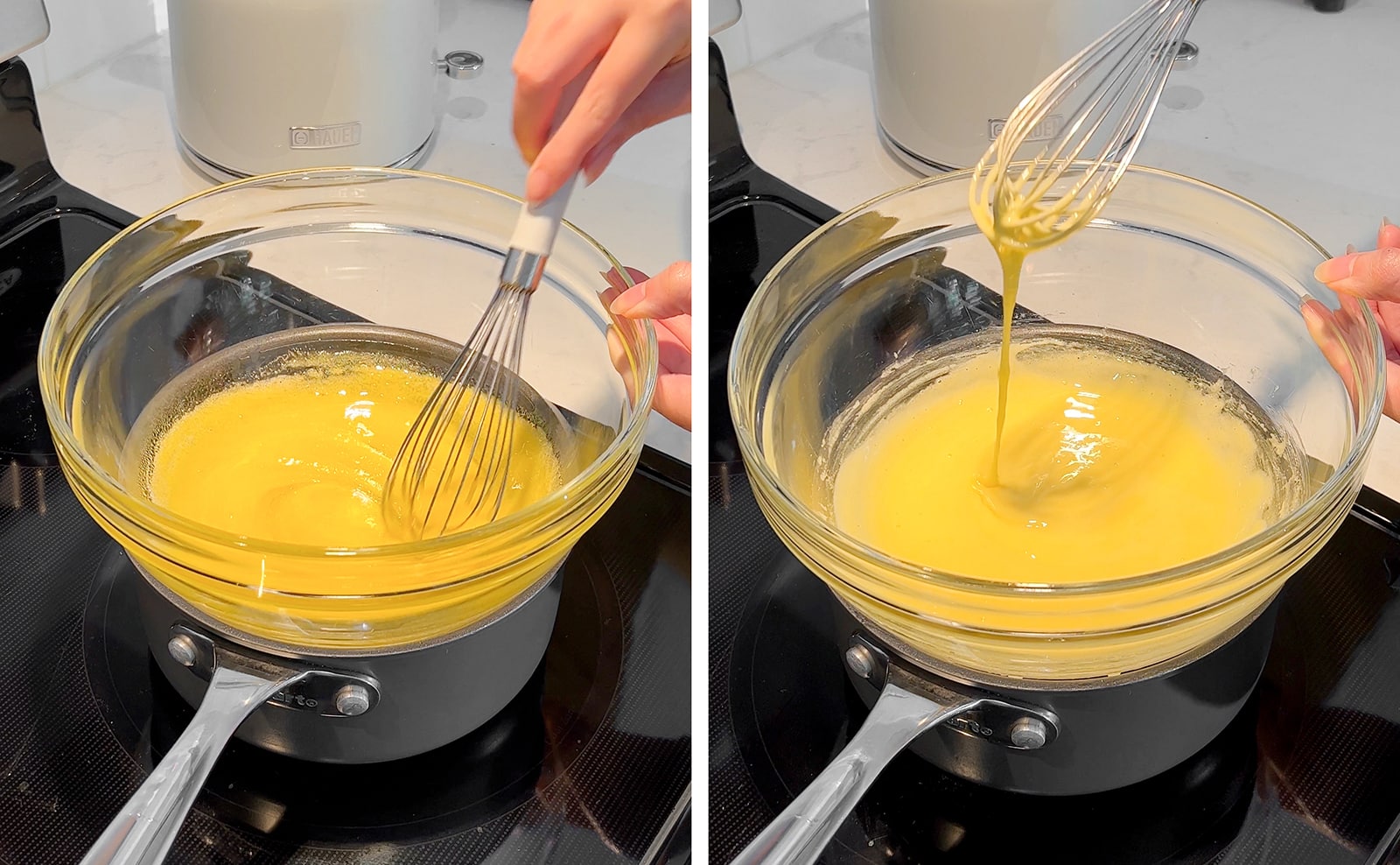 Left to right: whisking egg mixture in double boiler, egg mixture dripping off whisk into bowl.