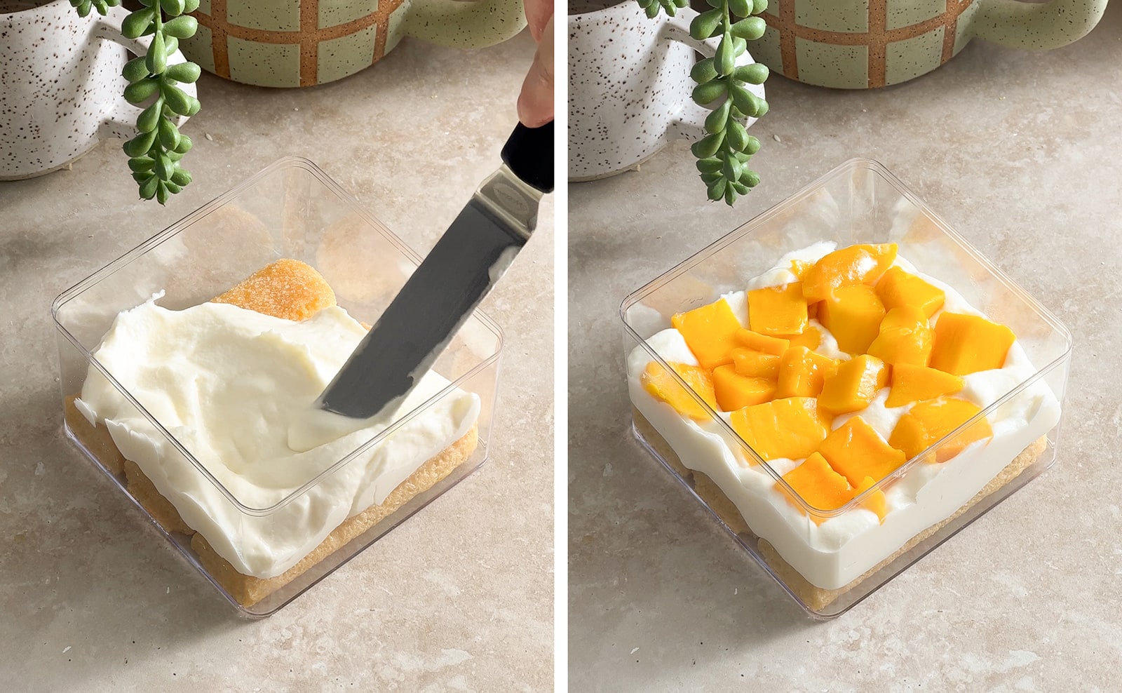 Left to right: spreading mascarpone cream in container with spatula, mango chunks on top of layer of cream.
