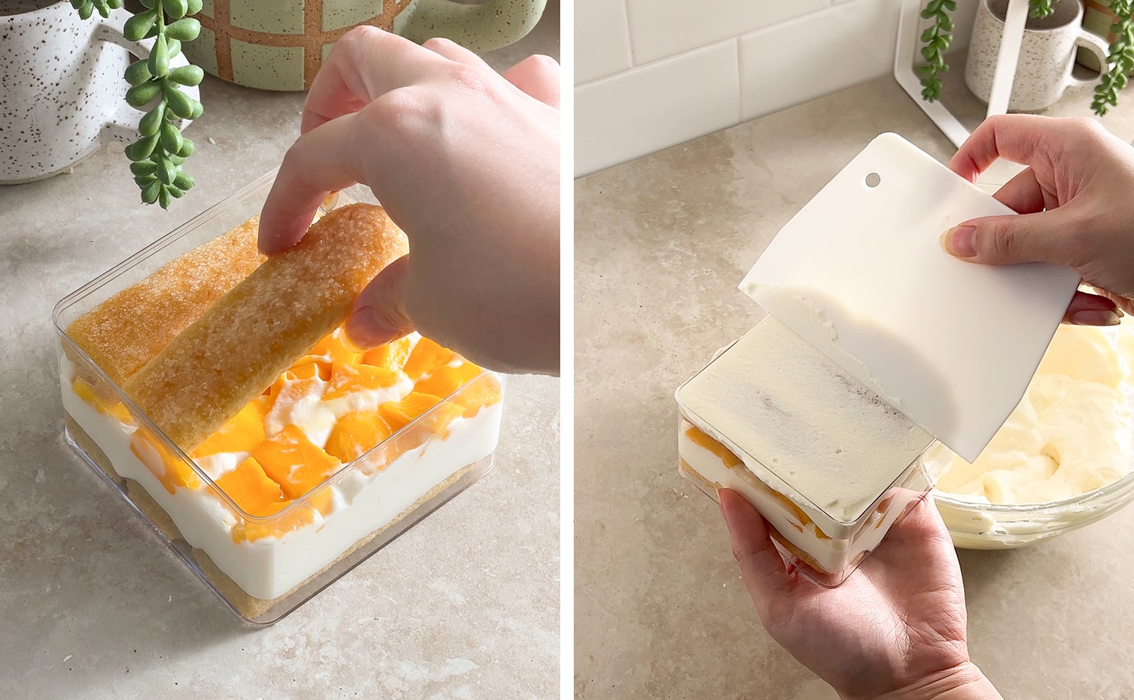 Left to right: hand placing ladyfinger on top of mango layer, scraping cream off the top of container with a bench scraper.