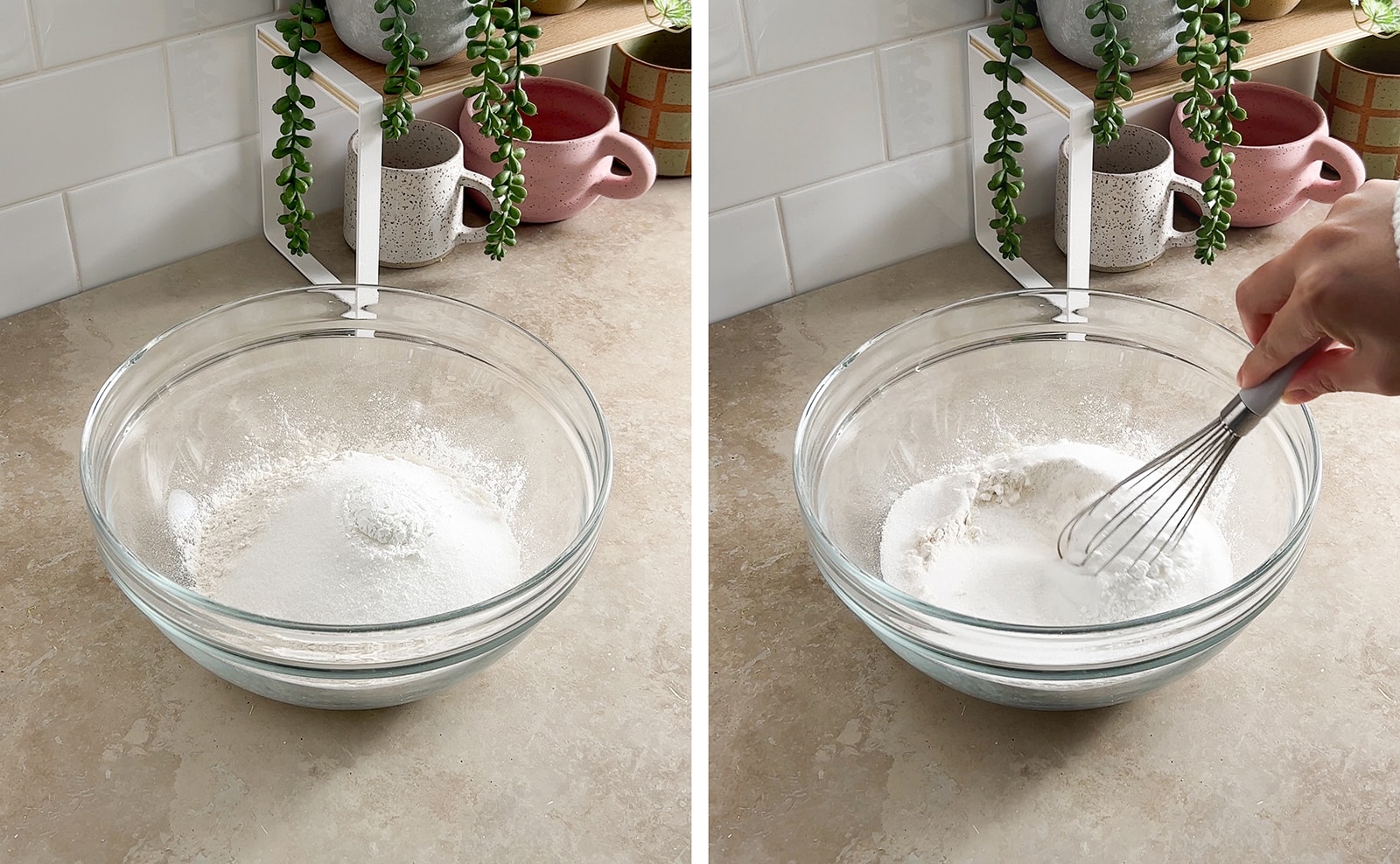 Left to right: dry ingredients in a mixing bowl, whisking dry ingredients in mixing bowl.