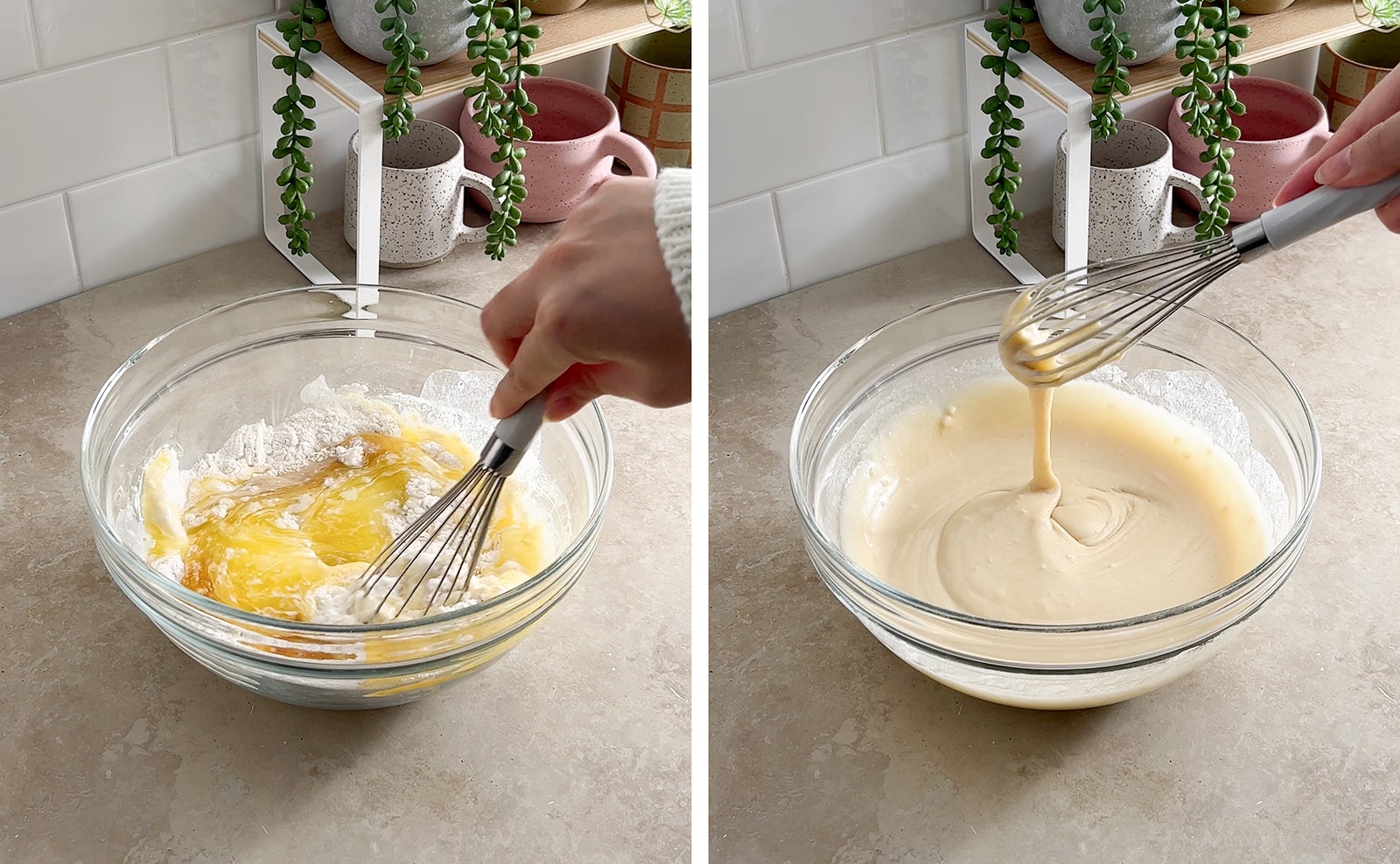 Left to right: whisking wet ingredients into dry ingredients in mixing bowl, batter dripping off whisk into mixing bowl.