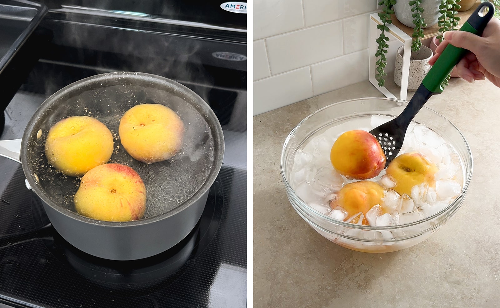 Left to right: three peaches in a pot of boiling water, lowering a peach into a bowl of ice water.